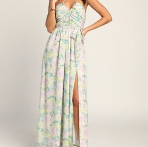 NWT Lulu's Abloom Green Multi Floral Ruched Halter Maxi Dress
